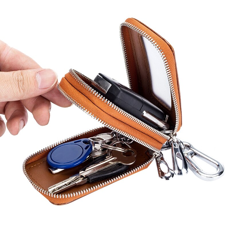 Leren autosleutelhoesje met dubbele rits, mini portemonnee voor mannen en vrouwen, sleutelhanger, transparant, donkerbruin