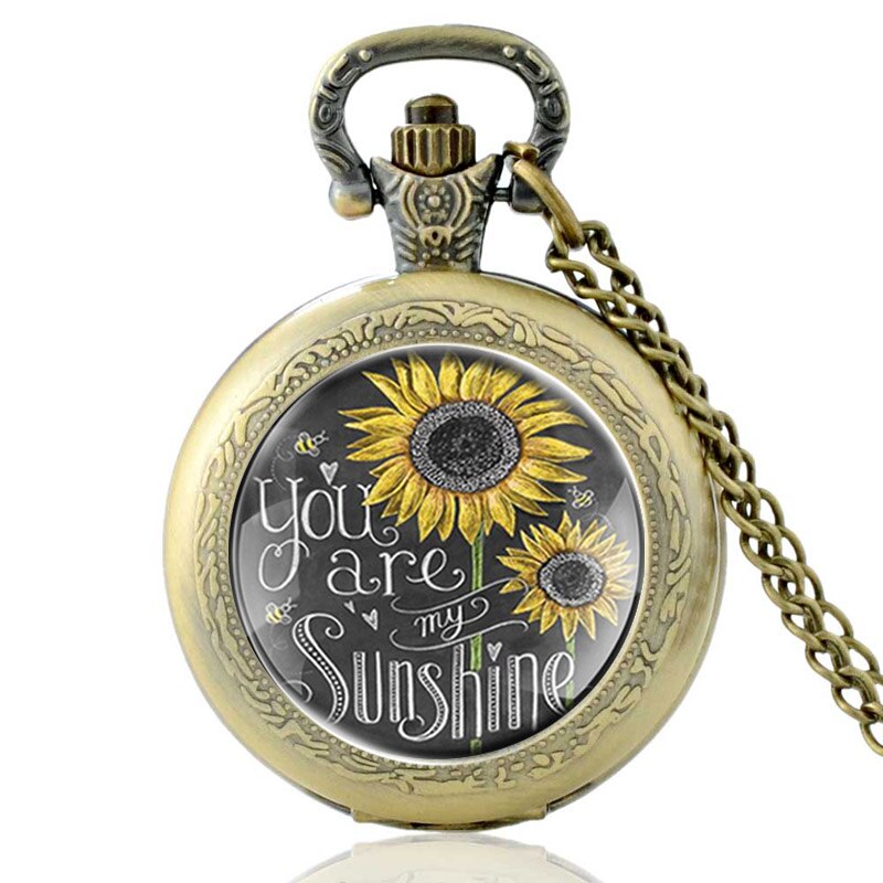 Zonnebloem, jij bent mijn zonneschijn, glazen cabochon, kwarts, zakhorloge, vintage heren, dames, hanger, ketting, klok: Bronzen