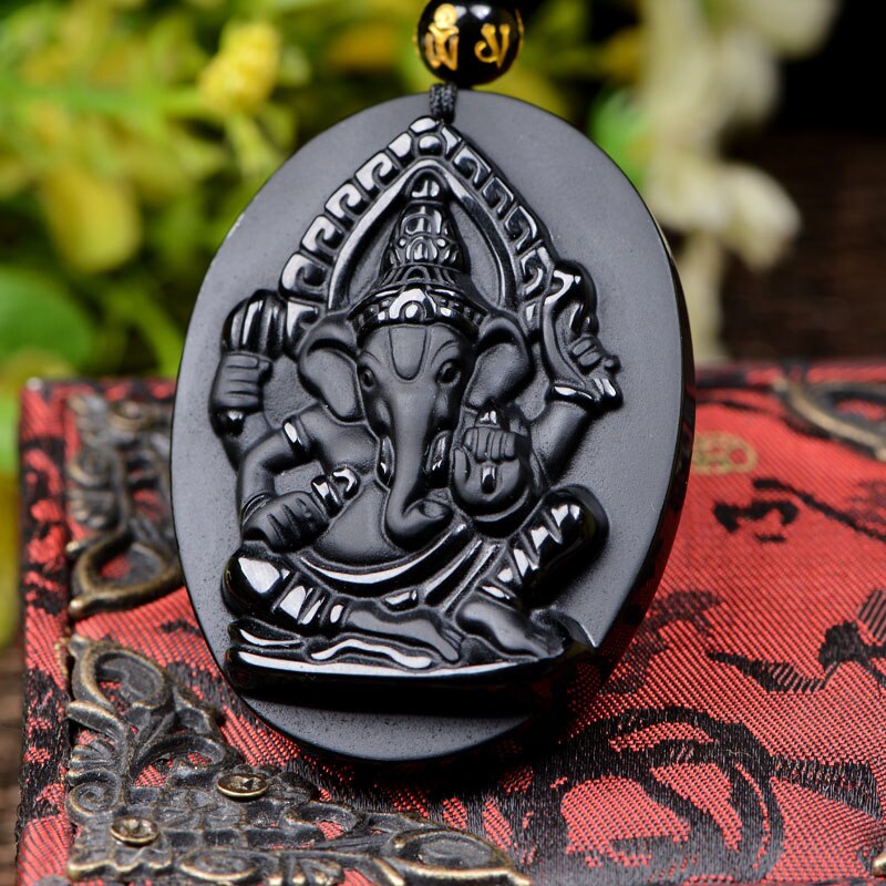 Obsidian Elefanten Ganesha Amulett anhänger mit Kette obsidian Segen Glück anhänger