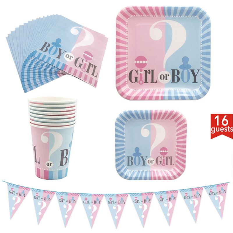 Partyware Kit 65 Pcs, Blauw & Roze-Dient 16, Roze En Blauw Banner, Wegwerp Tafelkleed, 16 Papieren Borden, 16 Servetten, 16 Cups