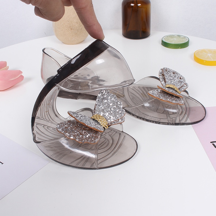 Sandalias de mujer zapatos con los dedos de los pies al aire libre Bling Bow claro transparente playa cómodas sandalias para mujer suave PVC pantuflas de plástico