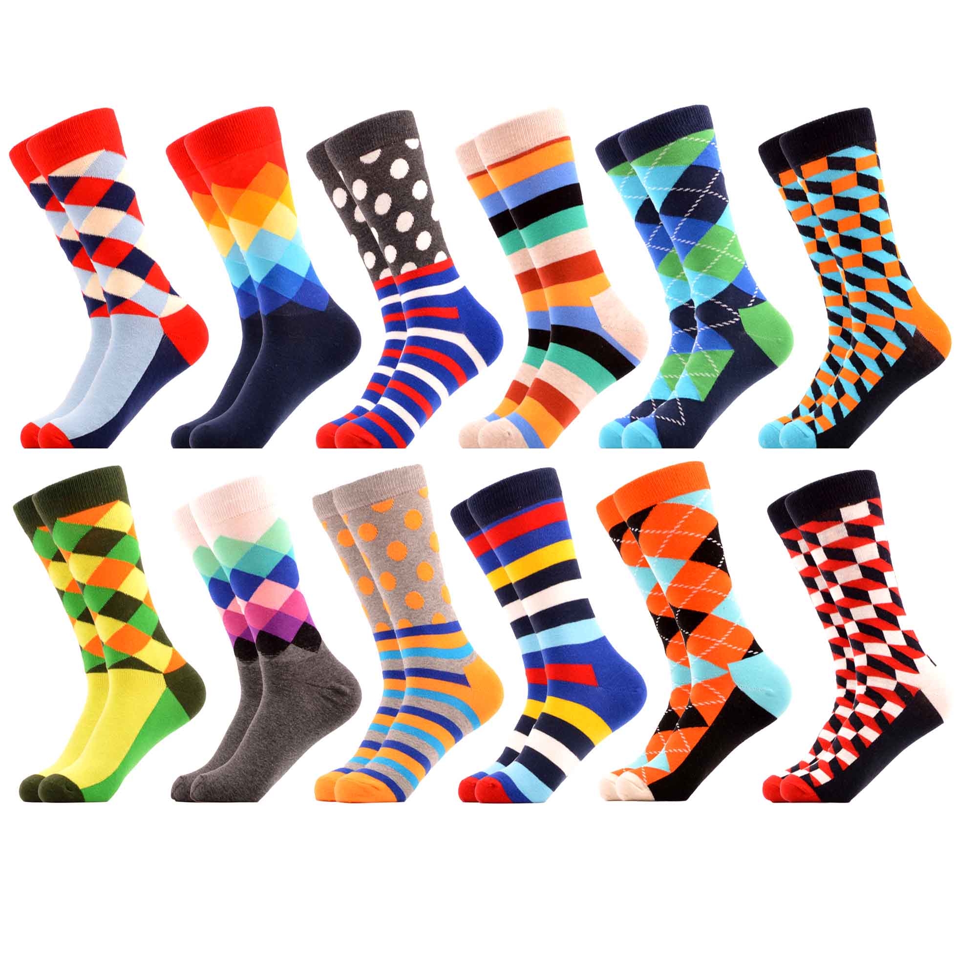 SANZETTI 12 Pairs/Lot Men Combed Cotton Casual Tube Socks Colorful Dress Striped Plaid Comfortable Party Classic Socks