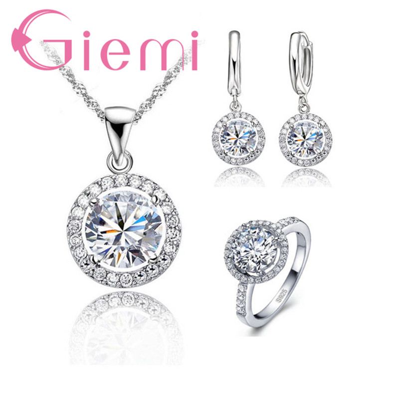 Classic Clear 5A Cubic Zirconia Stone Pendant Necklace Huggie Earrings Finger Ring 925 Sterling Silver Bridal Jewelry Sets