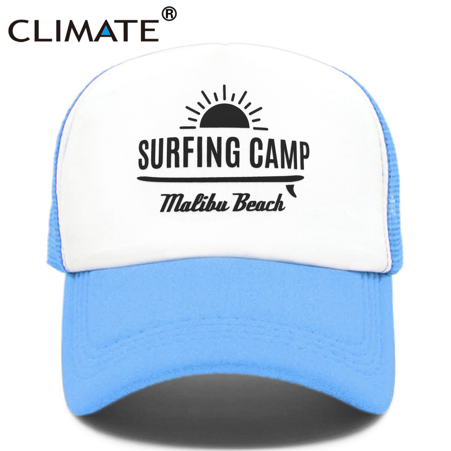 CLIMATE Surfing Camp Cap Malibu Beach Trucker Cap Hat Surfing Fan Surfer Hip Hop Cap Surfboard Surf Riding Mesh Cap Hat Youth: Sky blue