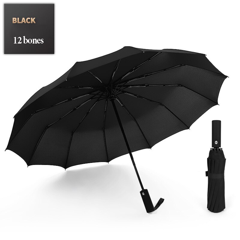 Paraguas fuerte, resistente al viento, plegable, automático, para hombres y mujeres, lluvia, 12 varillas, paraguas grandes, sombrilla con manija portátil de negocios: Black