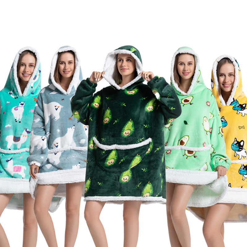 Wärmer Winter-Decken-Hoodie mit Ärmeln, übergroß, verdickt, tragbar, Decke, Sweatshirt, Flanell-Vlies, Sherpa-Riesen-Hoodie