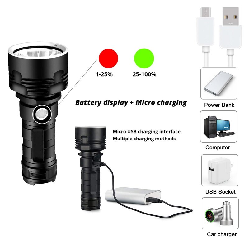 Linterna LED súper potente, linterna resistente al agua, linterna recargable por USB CREE XHP70, linterna Ultra brillante para acampar y cazar