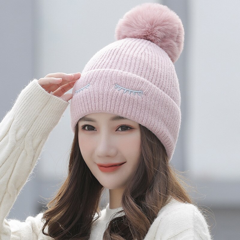 Falcon plan dames winter gebreide muts met imitatiebont pompon warme gebreide muts voor dames: Roze