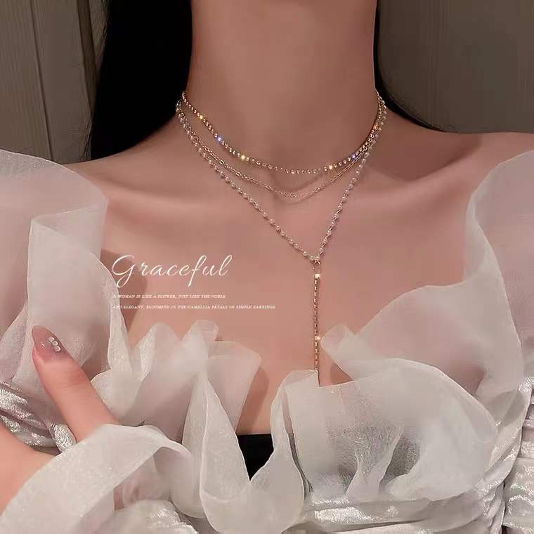 Nowe koreańskie mody prosty spersonalizowany naszyjnik inkrustowane Rhinestone naszyjnik z pereł naszyjnik kobiet Party biżuteria wykwintne prezenty: XL135
