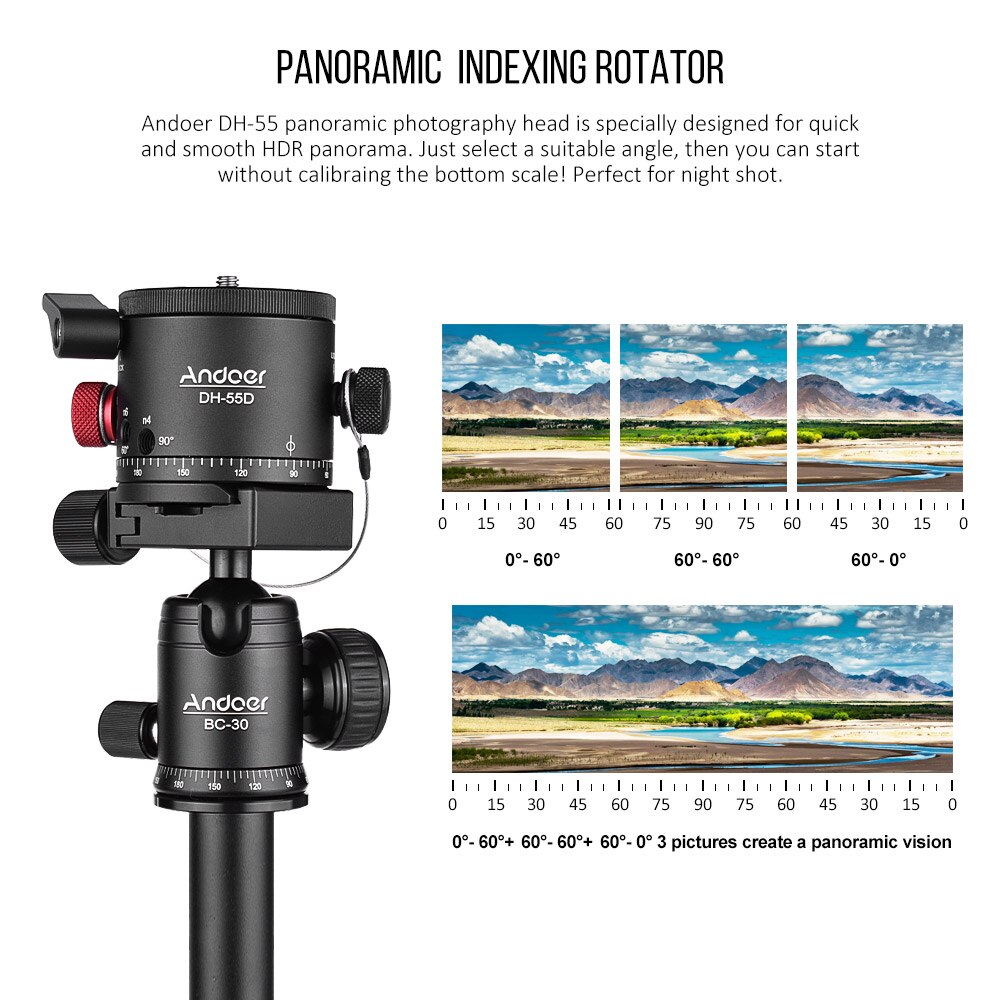 Andoer dh -55d hdr panoramic tripod head, panoramic ball head with indexing, rotator, aluminum alloy, max. load 15 kg/33 lbs