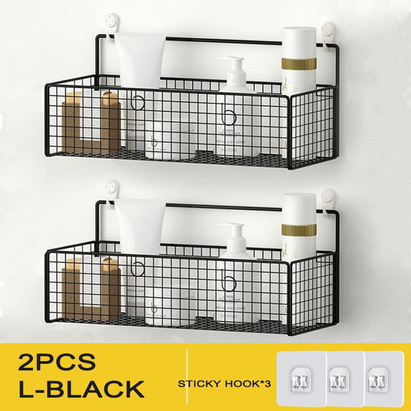 Wall Mounted Bathroom Shelf Shower Shampoo Rack Toilet Accessories Kitchen Free Punch Condiment Storage Basket: 2PCS L-BLACK