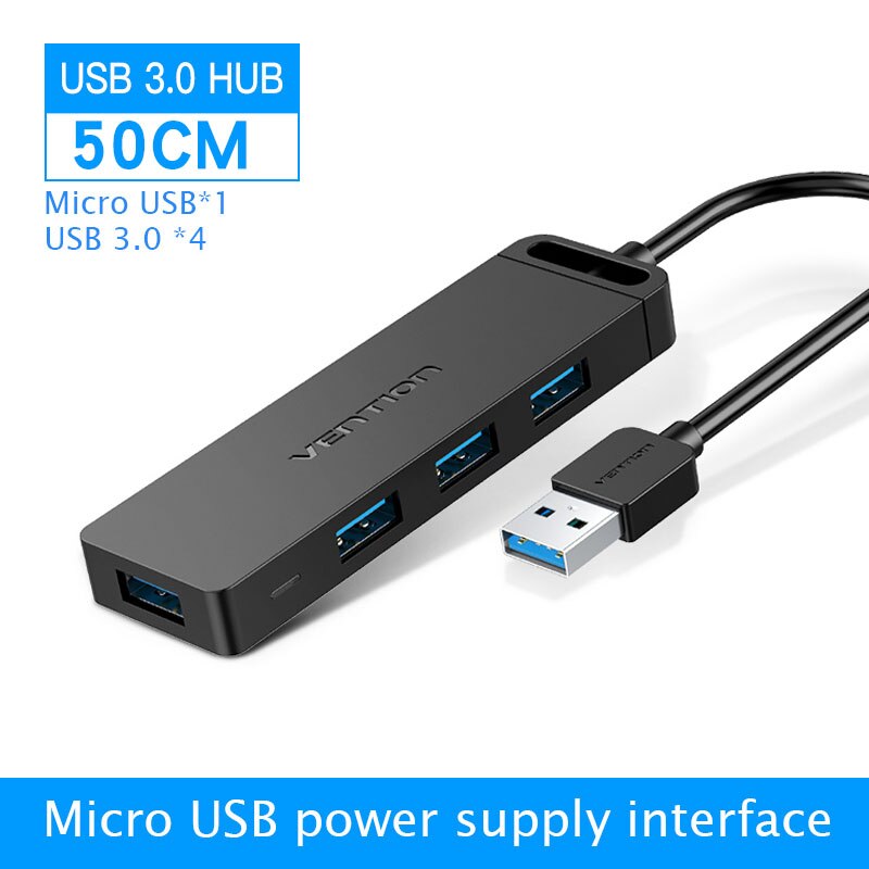 Vention USB HUB 4 Port USB 3.0 2.0 Splitter With Micro USB Power Port Multiple High Speed OTG Adapter for Computer Laptop phone: Black CHLBD