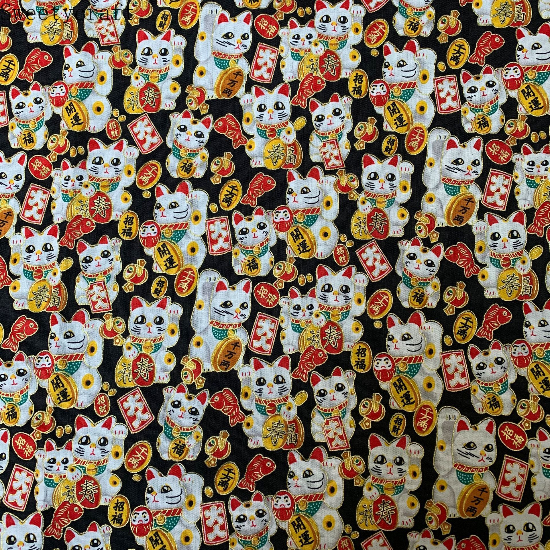 Tela con estampado de gato de la suerte para costura, prenda de tela de algodón con estampado de bronce de 150x100cm, acolchado para Patchwork, Material hecho a mano: Fabric 2