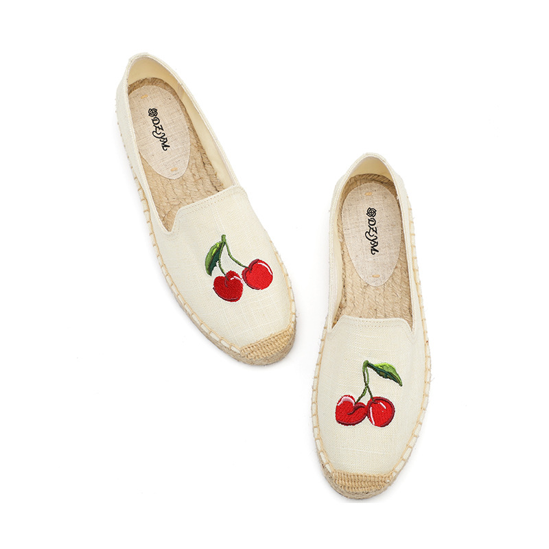 DZYM Zomer Cherry Borduren Vrouwen Visser Schoenen Stro-geweven Loafers Vlas Flats Leisure Linnen Vlas Dame Canvas Espadrilles