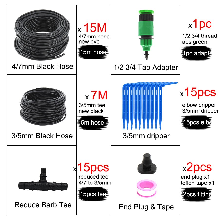 MUCIAKIE 50M 4/7 to 3/5MM Micro Drip Irrigation System Garden Bonsai Plant Dripper Watering Kits with 1/4 1/8'' PVC Hose Elbow: BxAB683Cx15m