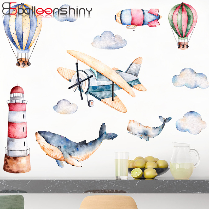 BalleenShiny Air-ballon Wolken Whale Muursticker DIY handgeschilderde Stijl Baby Kinderkamer Mural Decals Thuis Kwekerij decoratie