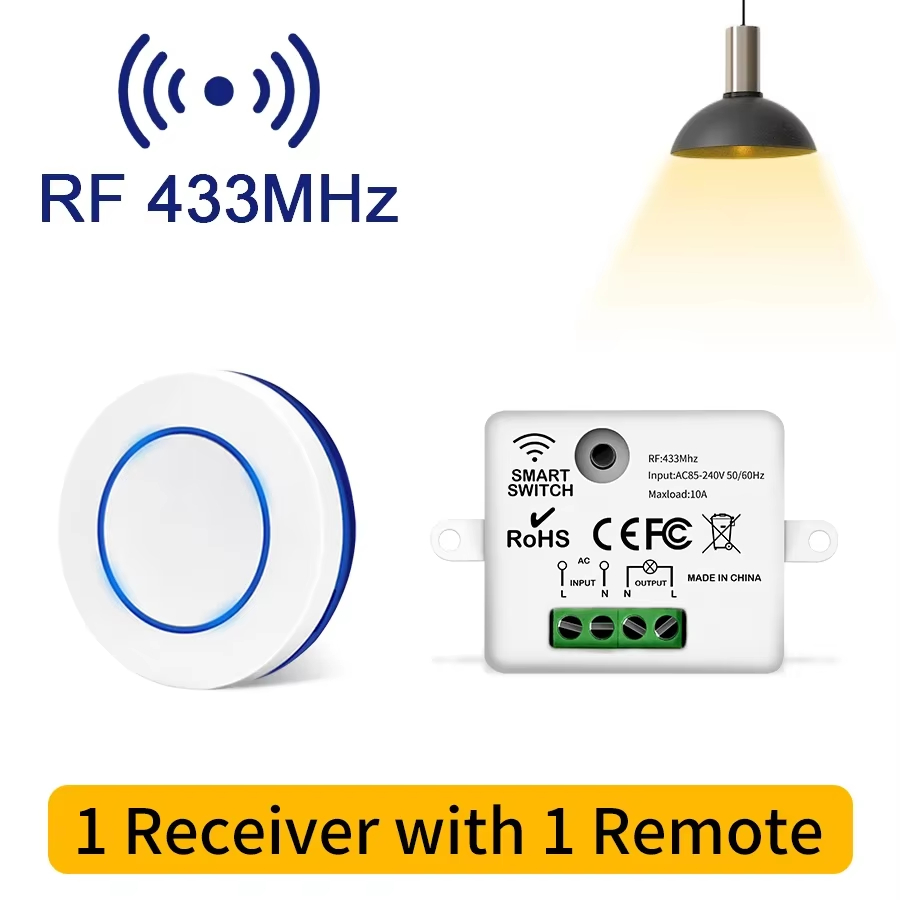 RF 433MHz Wireless Remote Control Light Switch 220V 110V 10A Relay Receiver Mini Round Button Wall Panel Switch For LED Lamp: light yellow