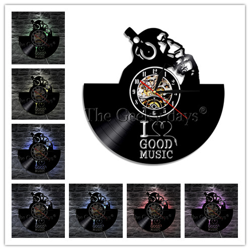 Schimpanse Denker Affe Gorilla 3D Wanduhr Kopfhörer Schallplatte Wanduhr ICH Liebe Gute Musik Persoanlity Zauberstab Kunst Dekorative: Schwarz / 12 Zoll mit LED