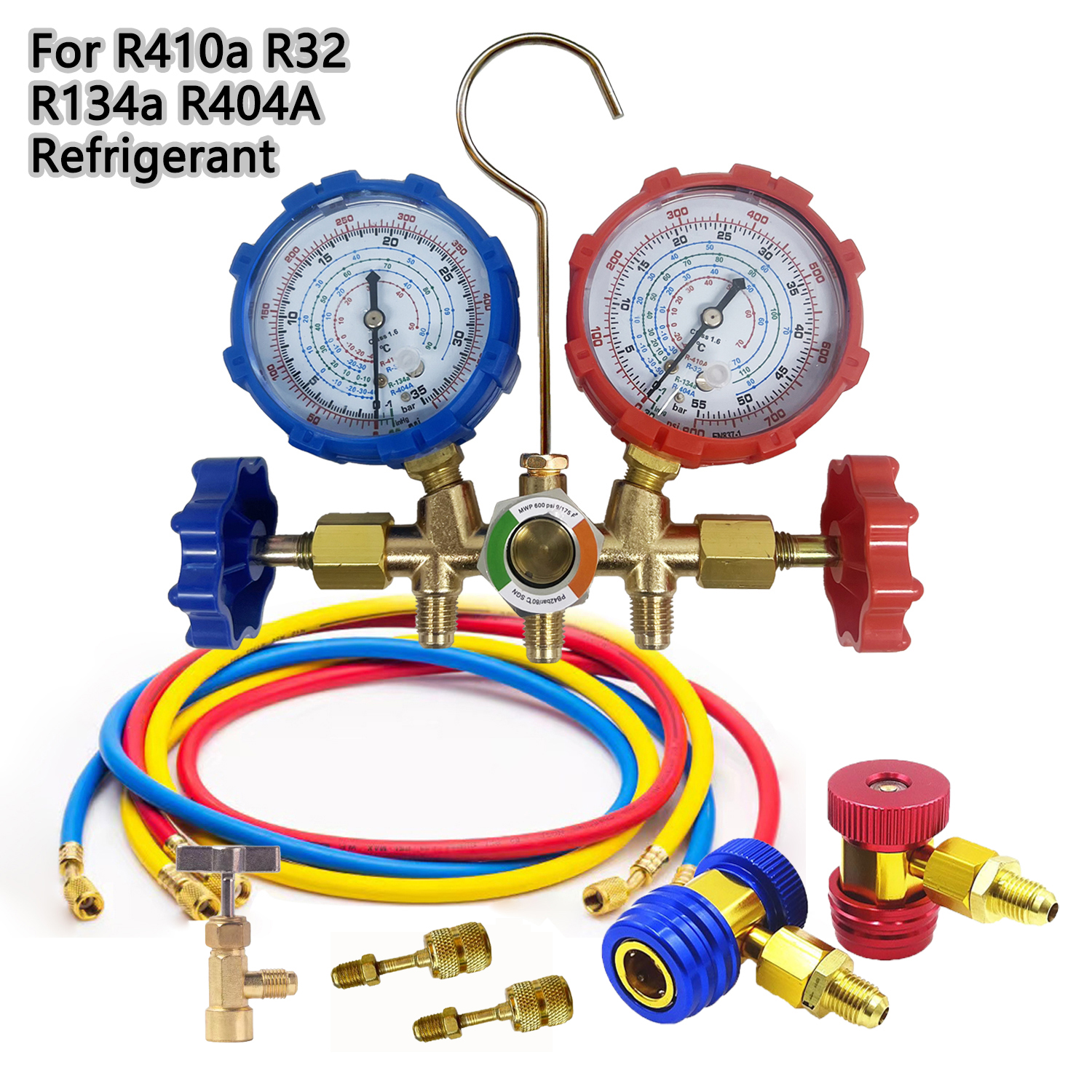 Air Conditioning Pressure Gauge with Hose and Hook 3 Way AC Diagnostic Manifold Gauge Set for Freon For R12 R32 R404A R134a