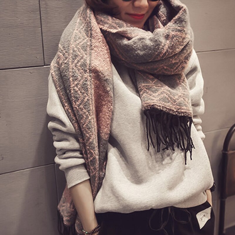 Dobbelt-brug tørklæde sjal retro etnisk stil geometrisk mønster rhombisk fryns kvast tørklæde: Lyserød