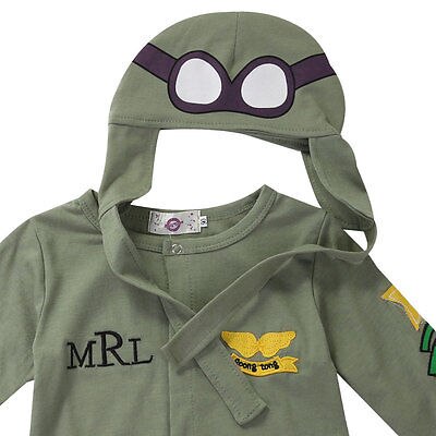 2 Pcs Summer Autumn Baby Kids Boy Infant Pilot Letter Printed Cotton Romper+Cap Jumpsuit Outfits Set Clothes 6-24M