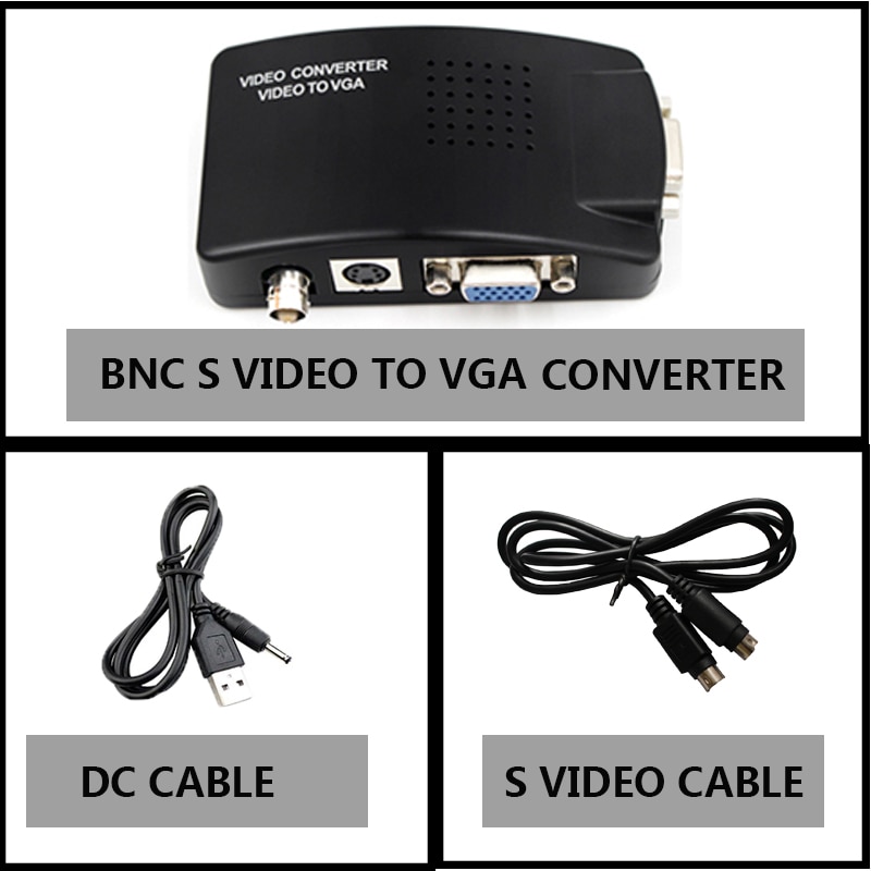 BNC to VGA Video Converter, S-video Input to PC VGA Out Adapter with dc cable or s video cable or power adapter