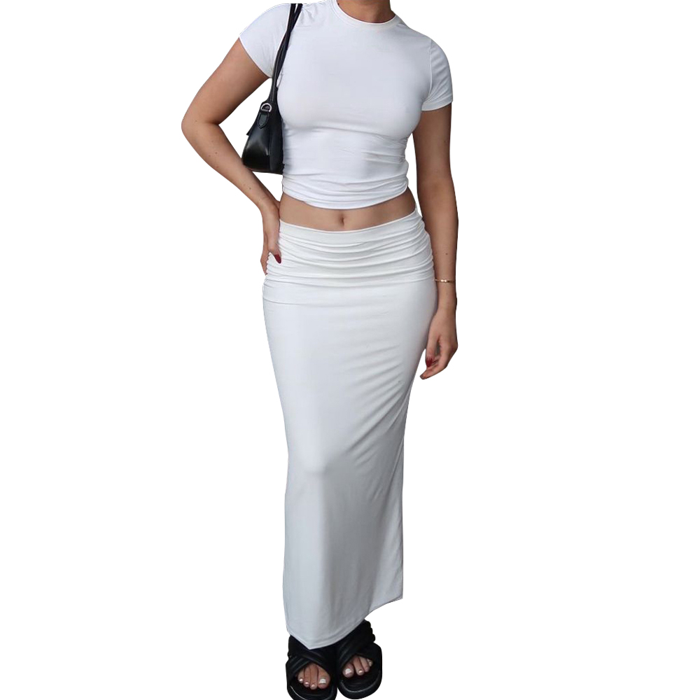 Combhasaki Women’s 2Piece Summer Y2K Slim Fit Outfits Set Short Sleeve Solid Color Crop Tops + Wlastic Waist Packaged Long Skirt: L / WHITE