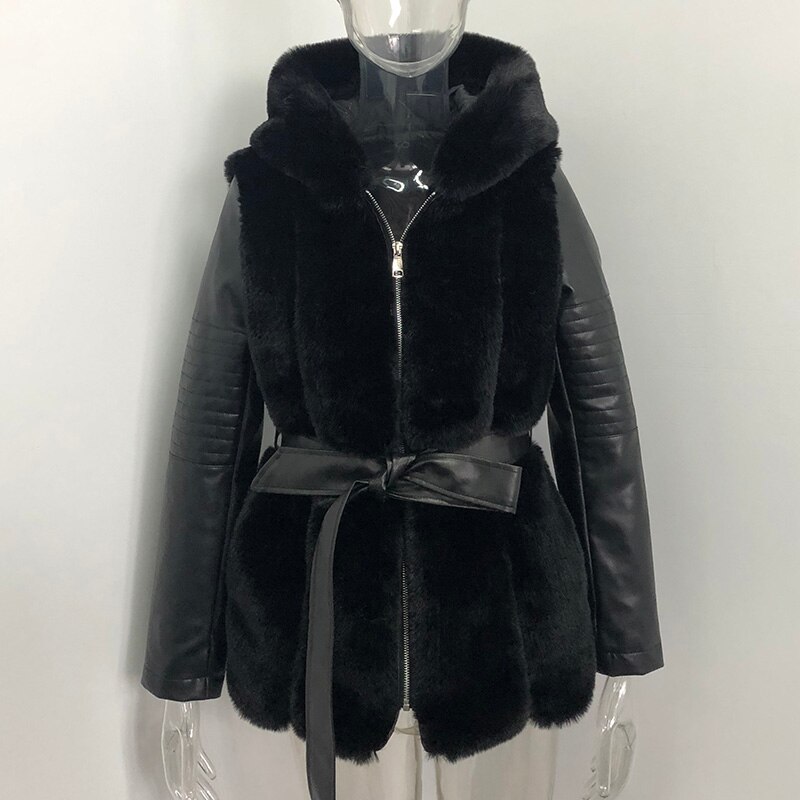 AGong-abrigos de piel sintética con capucha gruesa para mujer, chaquetas de retales de cuero PU a la , abrigos de manga larga elegantes para mujer: Black / M