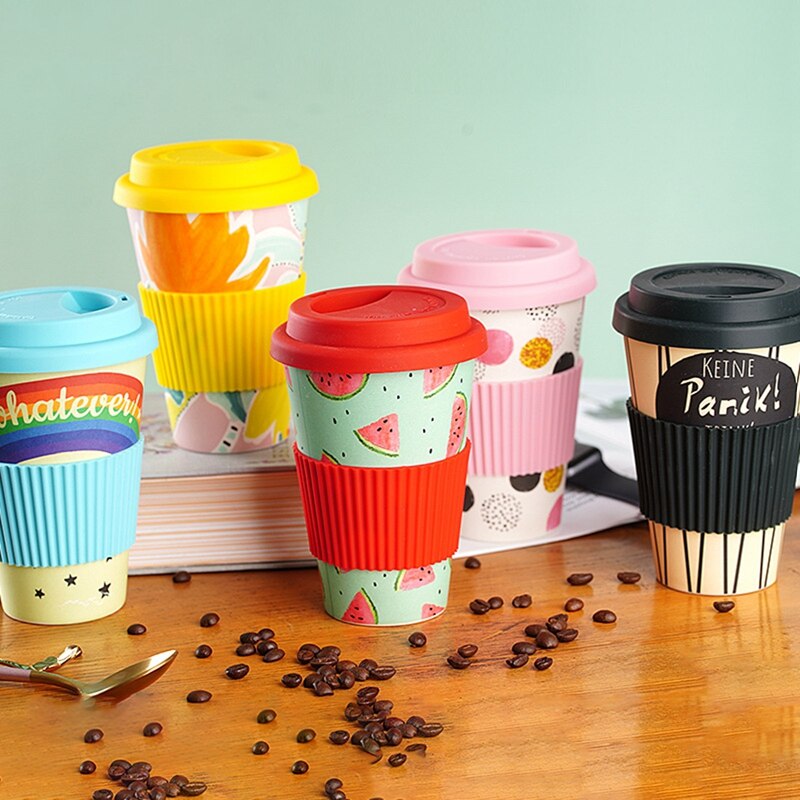 Tasse à café en fibre de bambou, 500ml, réutilisable, pour les voyages en plein air, pour boire du thé, de l&#39;eau et du jus, avec couvercle