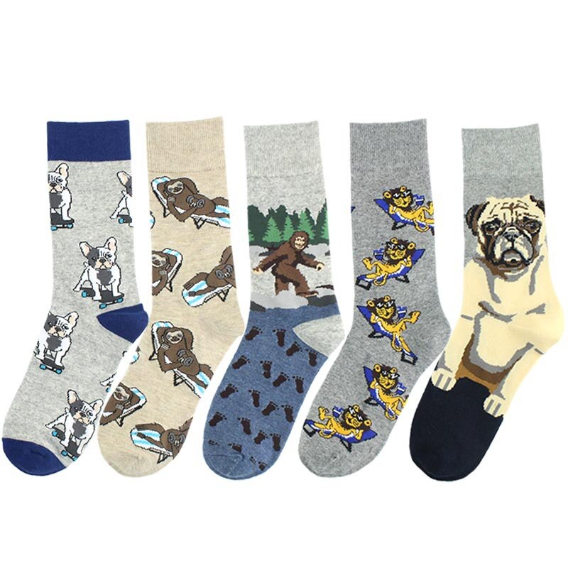 CHAOZHU autumn winter men socks cartoon dog Skateboard french bulldog shar pei casual funny long crew hip hop calcetines male