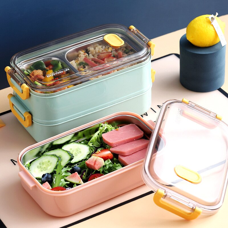 304 Stainless Steel Lunch Box Portable Student Adult Bento Box Large Capacity Double-Layer Lunch Box Microwave Food Container