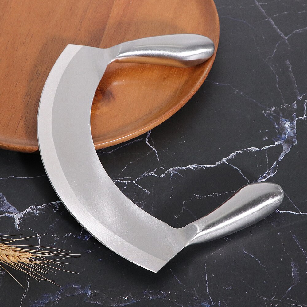 8.5 pouces en acier inoxydable Mezzaluna couteau herbe hachoir Pizza Cutter fruits légumes salade trancheuse Dicer herbe hachoir couteau de cuisine