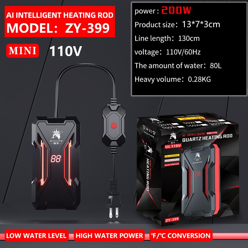 Calentador de acuario AI, varilla de calentamiento de tortuga, bajo nivel de agua, calentador de pantalla digital LED, temperatura automática, calefacción a prueba de explosiones: 200W(110V)