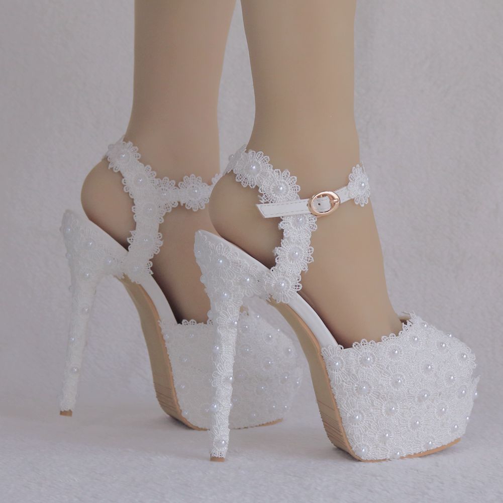 Kvinders hvide blomster blonder perler stiletter super høj hæl brude bryllup sød prinsesse peep toe pumps sko 14cm platform  b125