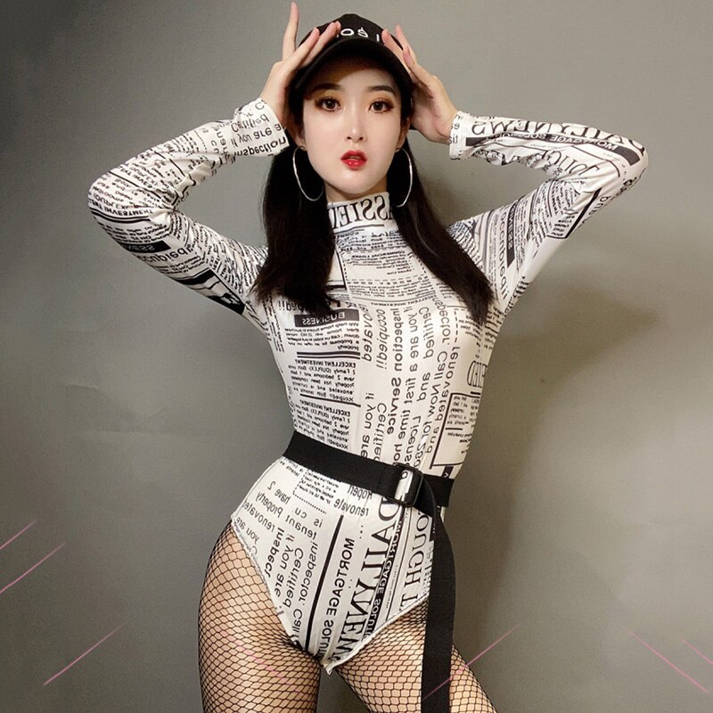 Hip Hop Costumes Adults Print Long Sleeve Bodysuit Women Street Dance Clothes Nightclub Bar Dj Ds Performance Wear DNV13381