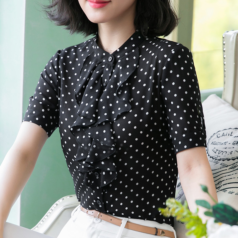 Sort hvid prikket skjorte kvindelig kortærmet chiffon slim flæsede bluser sommer stand krave toppe