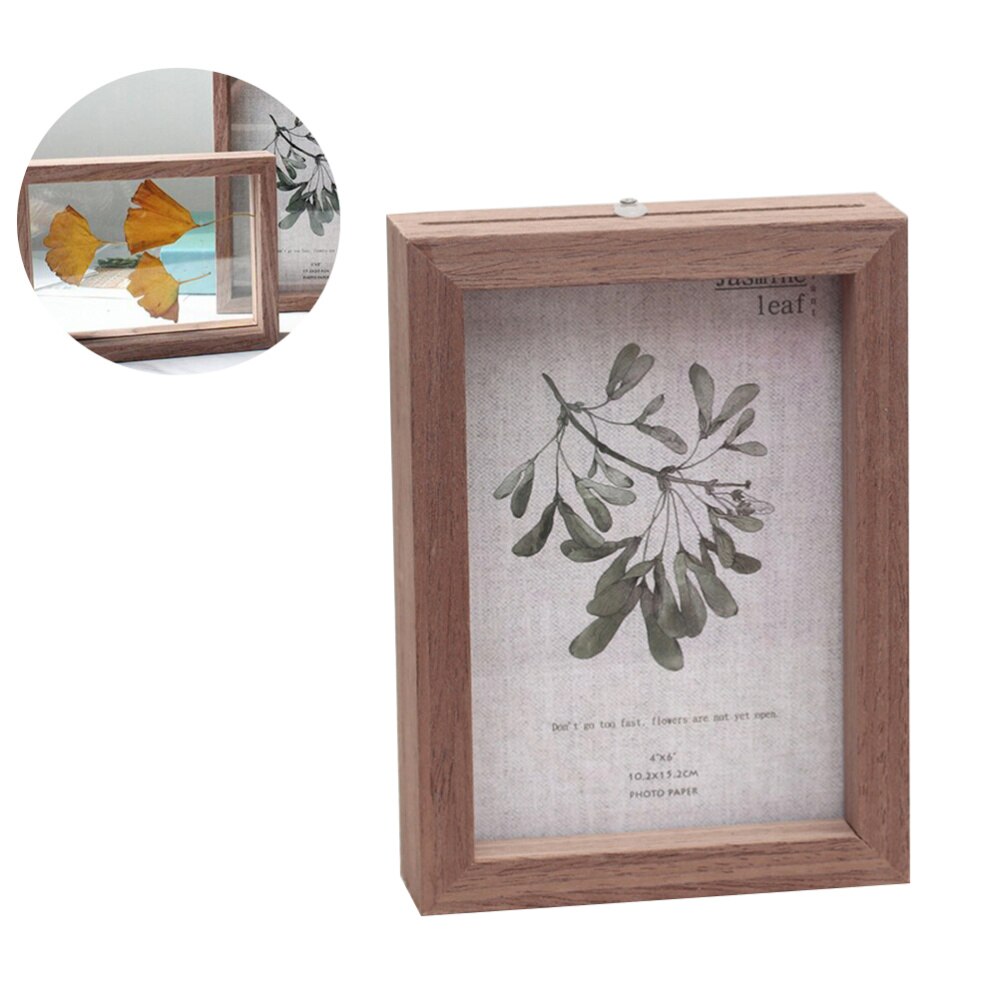 6 Inches Plant Dried Flower Leaves Specimen Box Double Sided Glass Photo Frame Wooden Table Decoration with Original Ph: Coffee / 16.8x21cm