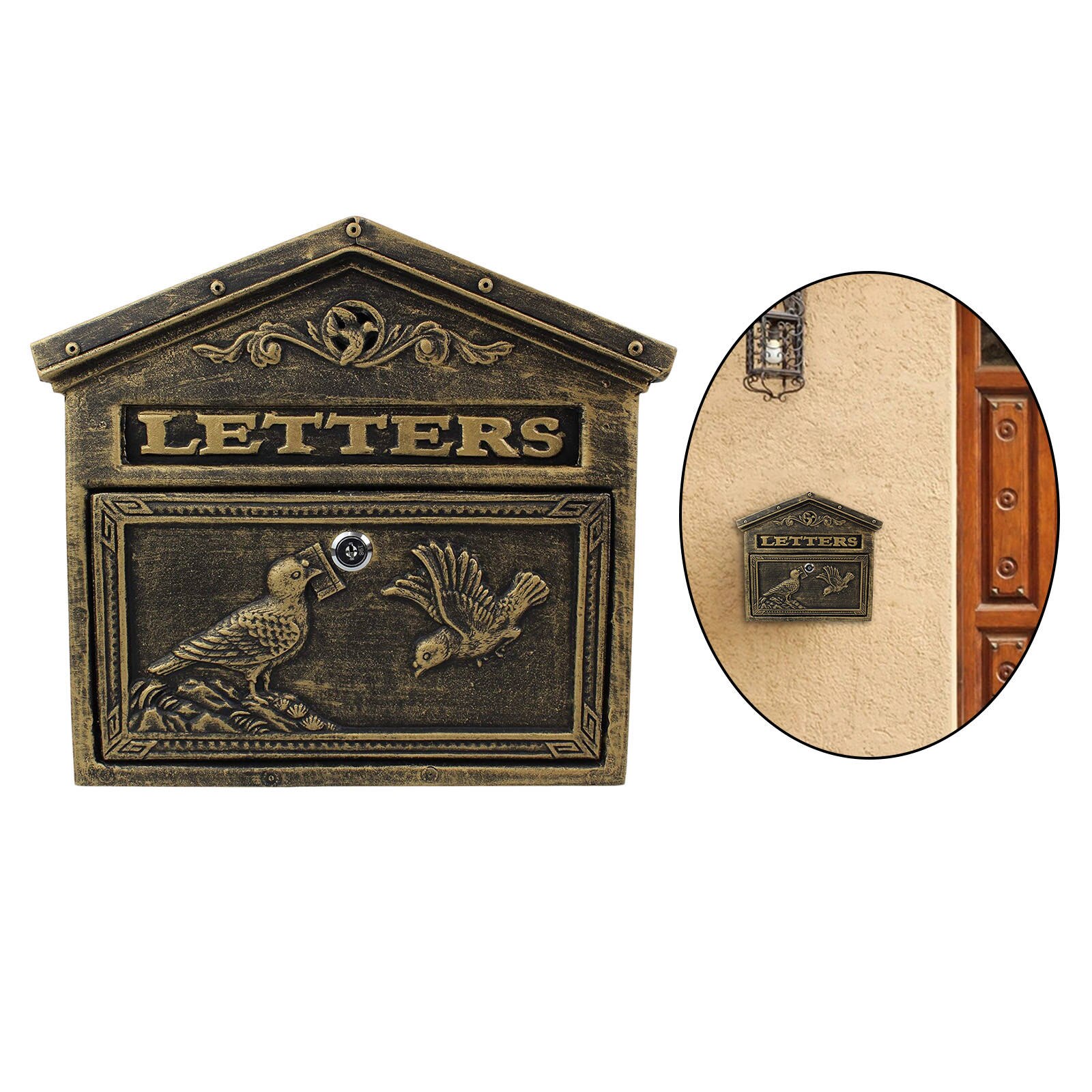 Waterproof pastoral style mailbox Retro Metal Wall Mounted Mailbox Bucket Newspaper Letter Box Post Garden Decor Box: bronze