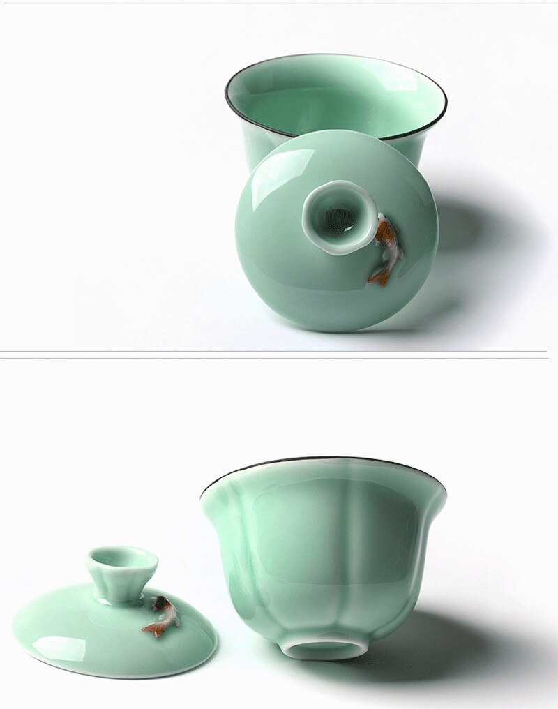 3D Goldfish Gaiwan Ceramic Longquan Celadon Tea Tureen Gongfu Tea Set Tureen Cup