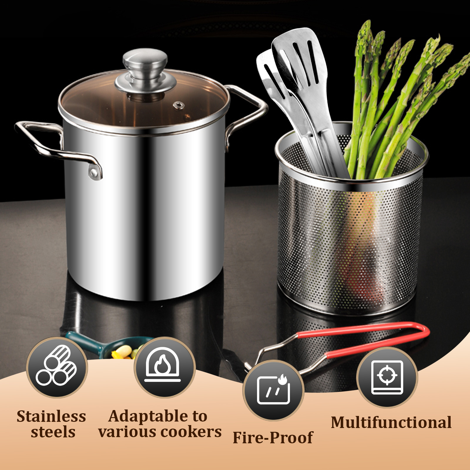 Poêle à frire en acier inoxydable, friteuse de cuisine avec panier à passoire, poêle à frire Tempura, poulet, frites, outils de cuisine