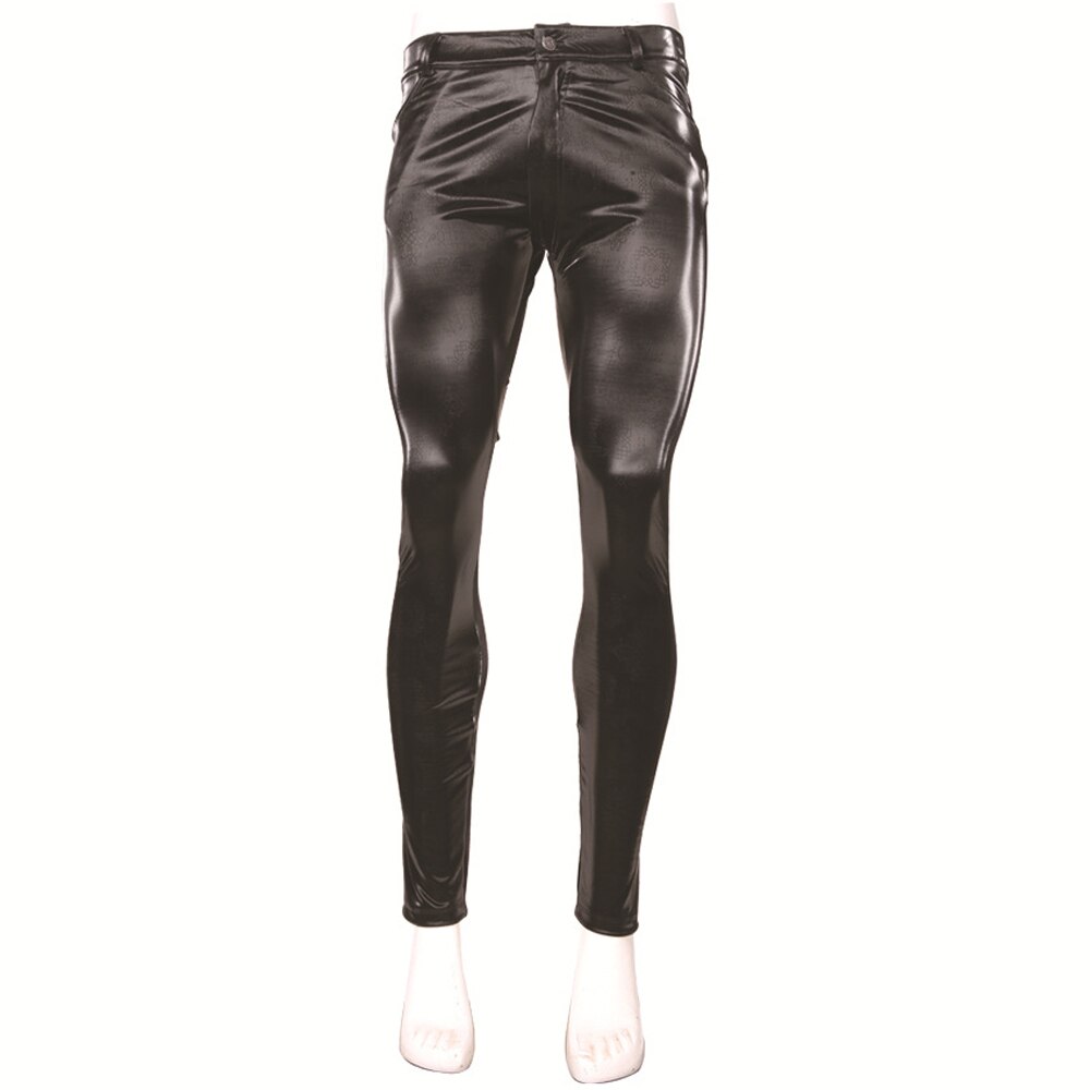 Pu imiteret læder punk pencil pants elastiske stramme bukser læderbukser mænd motorcykel konveks gaffel legging printet mønster skinny