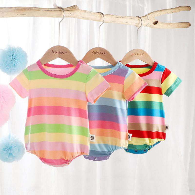 Baby Summer Short Sleeve Rainbow Stripe Bodysuit For Girls And Boys 0-24m Newborn Baby Clothes Twins Cute Climbing Infants
