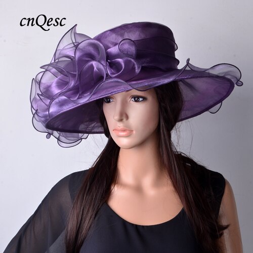Lime green Wide brim Crystal organza hats church for kentucky derby wedding women's hat races: lavender purple plum