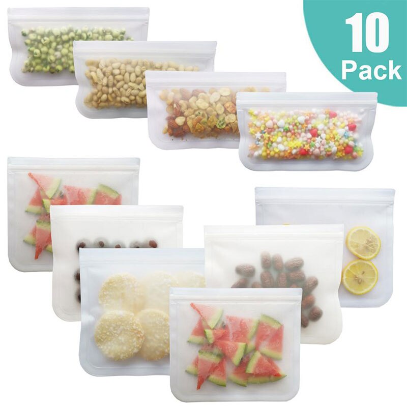 Bolsa reutilizable de silicona para alimentos, paquetes de PEVA para mantener la comida fresca, frutas, a prueba de fugas, con cierre, esmerilada, 12 unidades/juego: 10Pcs