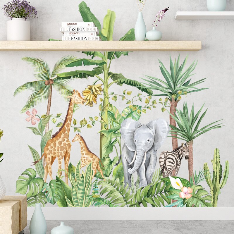 Green Rainforest Wall Stickers for Living room Bedroom Elephant Giraffe Animals Wall Decals for Kids rooms Home Decoration Mural