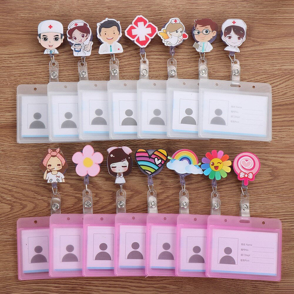 1Set Nette Cartoon Business Arbeit Karte Name Tags Krankenschwester Arzt ID Abzeichen Halter mit Versenkbare Reel Versenkbare Metall Clip