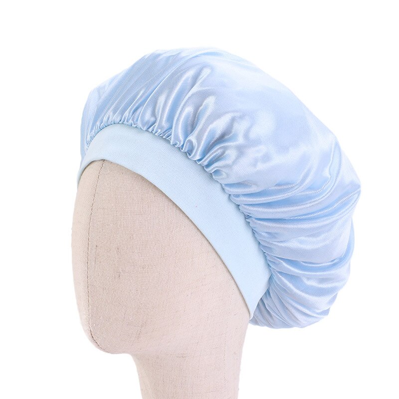 Ajuster la casquette de coiffure solide Satin Bonnet soins des cheveux enfants enfant nuit sommeil chapeau soie tête enveloppement Bonnet de douche outil de coiffure: Bleu