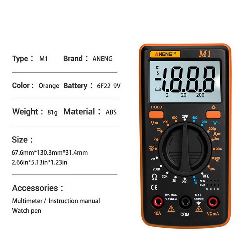 1Pcs ZT Digital Multimeters Portable AC/DC Ammeter Voltmeter Ohm LCD Display Backlight Multimeter Diode and Continuity Test: G243033