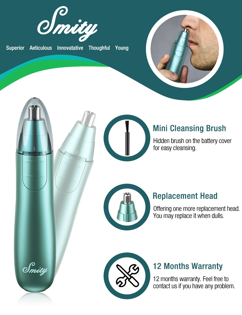 Tondeuse électrique pour nez et oreilles, rasoir rotatif à 360 °, épilation rapide et sûre, Kit de soins du visage durable pour hommes et femmes