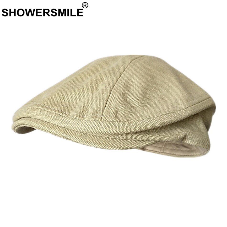SHOWERSMILE Men Beret Hat 100% Cotton Grey Flat Caps Male Spring Solid Vintage Directors Driving Hat British Gatsby Style Hats